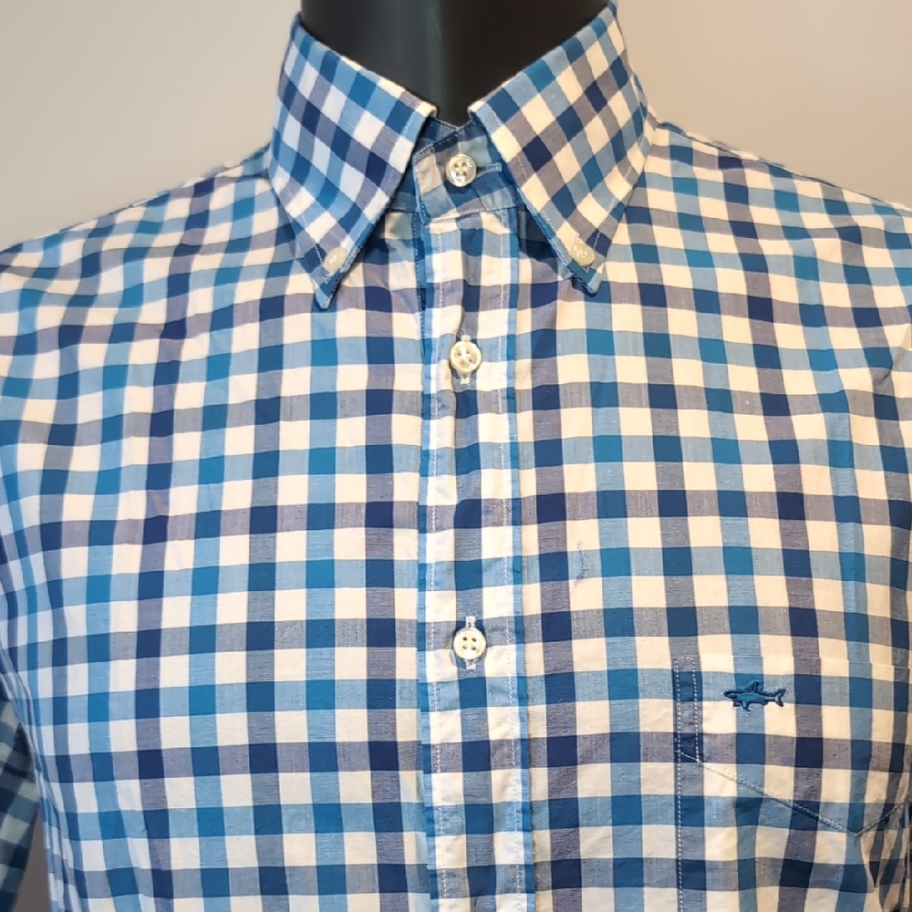 Paul & Shark Blue Checkered Button Front Shirt Men's Size 42 Large